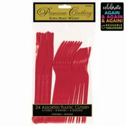 Amscan Party Supplies Premium Plastic Reusable Cutlery Pack Red 24 Pack